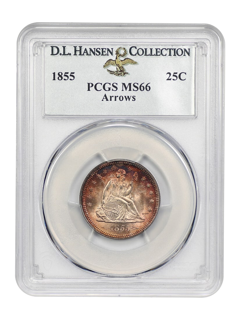 1855 25C Liberty Seated Quarter PCGS MS66 Rose Toning: 1855 25C Liberty Seated Quarter PCGS MS66 Rose Toning This 1855 Liberty Seated Quarter, graded MS66 by PCGS, is a remarkable example of numismatic craftsmanship. With a striking high-end survival rate
