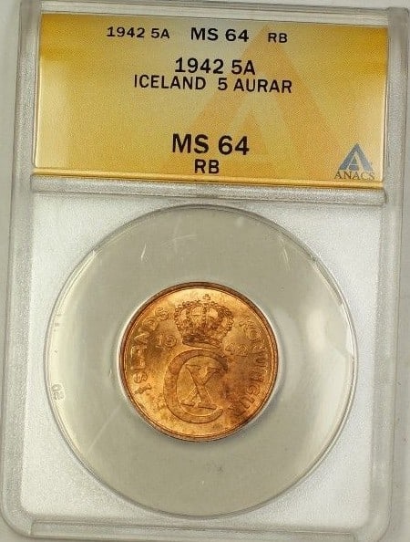 1942 Iceland 5A Five Aurar Copper Coin ANACS MS 64 RB Uncirculated: 1942 Iceland 5A Five Aurar Copper Coin ANACS MS 64 RB Uncirculated This 1942 Iceland 5A Five Aurar coin is a stunning example of uncirculated condition, certified by ANACS with a grade of MS 64. Made