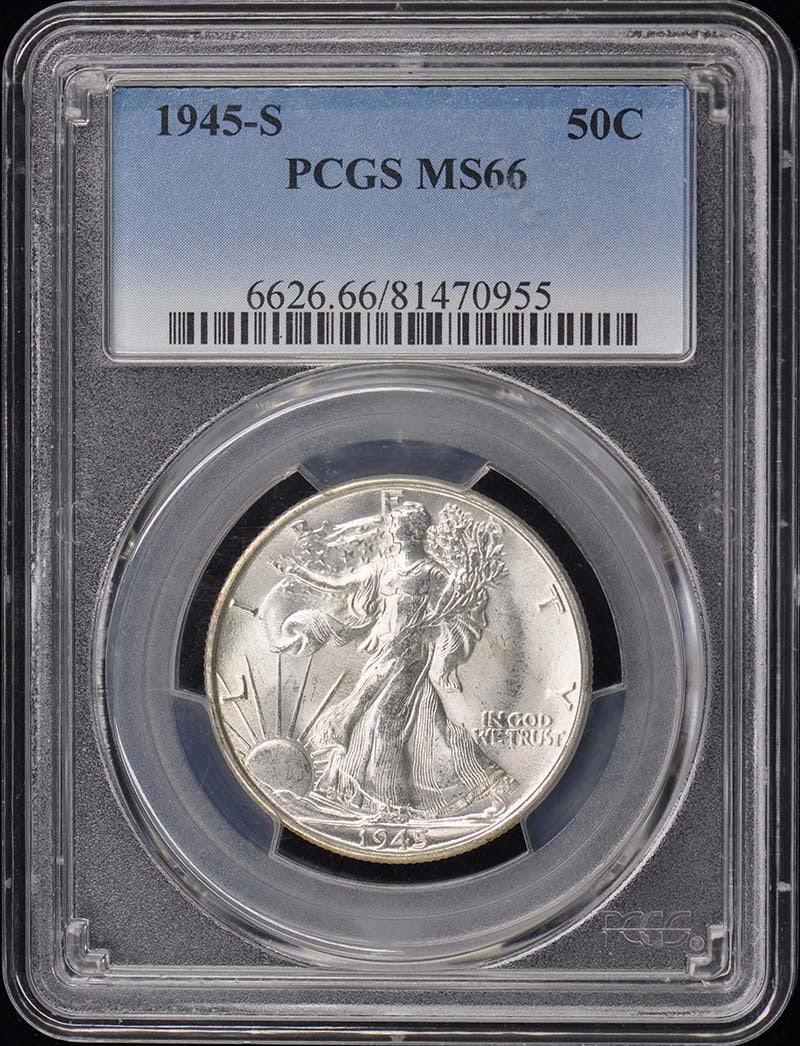 1945-S Walking Liberty Half Dollar PCGS MS66 Uncirculated Coin: 1945-S Walking Liberty Half Dollar PCGS MS66 Uncirculated Coin This 1945-S Walking Liberty Half Dollar is graded MS66 by PCGS, ensuring its high quality and excellent condition. It is an uncirculated