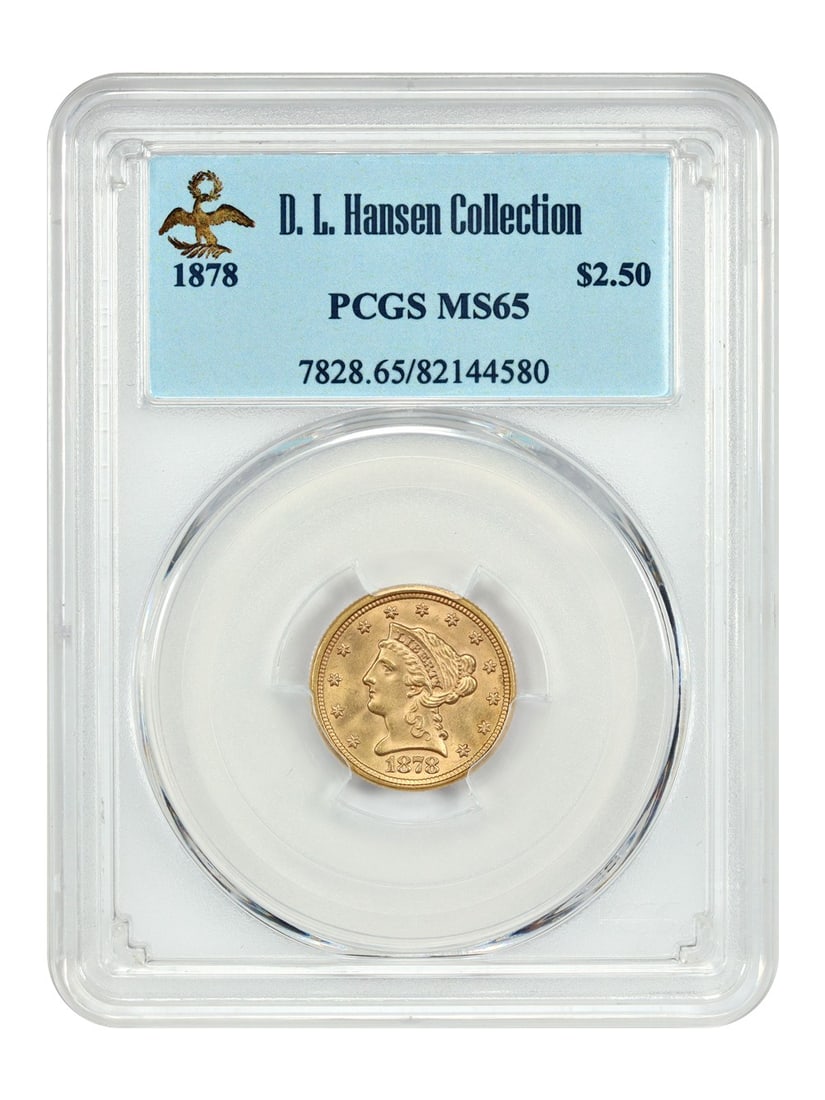 PCGS MS65 1878 Liberty Head $2.50 Gold Quarter Eagle ex D.L. Hansen: PCGS MS65 1878 Liberty Head $2.50 Gold Quarter Eagle ex D.L. Hansen This 1878 Liberty Head $2.5 gold coin is a lower mintage quarter eagle, certified by PCGS with a grade of MS65. Struck in Philadelph