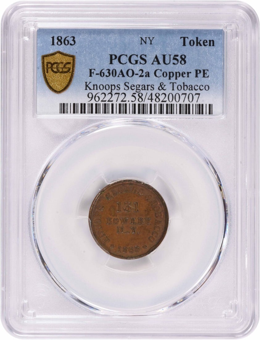 1863 Civil War Token Knoops Segars Tobacco AU58 PCGS Copper: 1863 Civil War Token Knoops Segars Tobacco AU58 PCGS Copper This 1863 Civil War Token features the store card for Knoops Segars & Tobacco. It is made of copper and showcases a circulated condition wit