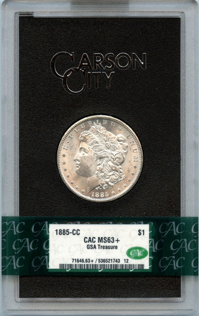 1885-CC Morgan Dollar GSA Hoard CACG MS63+ Certified: 1885-CC Morgan Dollar GSA Hoard CACG MS63+ Certified This 1885-CC Morgan Dollar is a stunning example of American coinage from the Carson City Mint. Graded MS63+, this uncirculated coin showcases its
