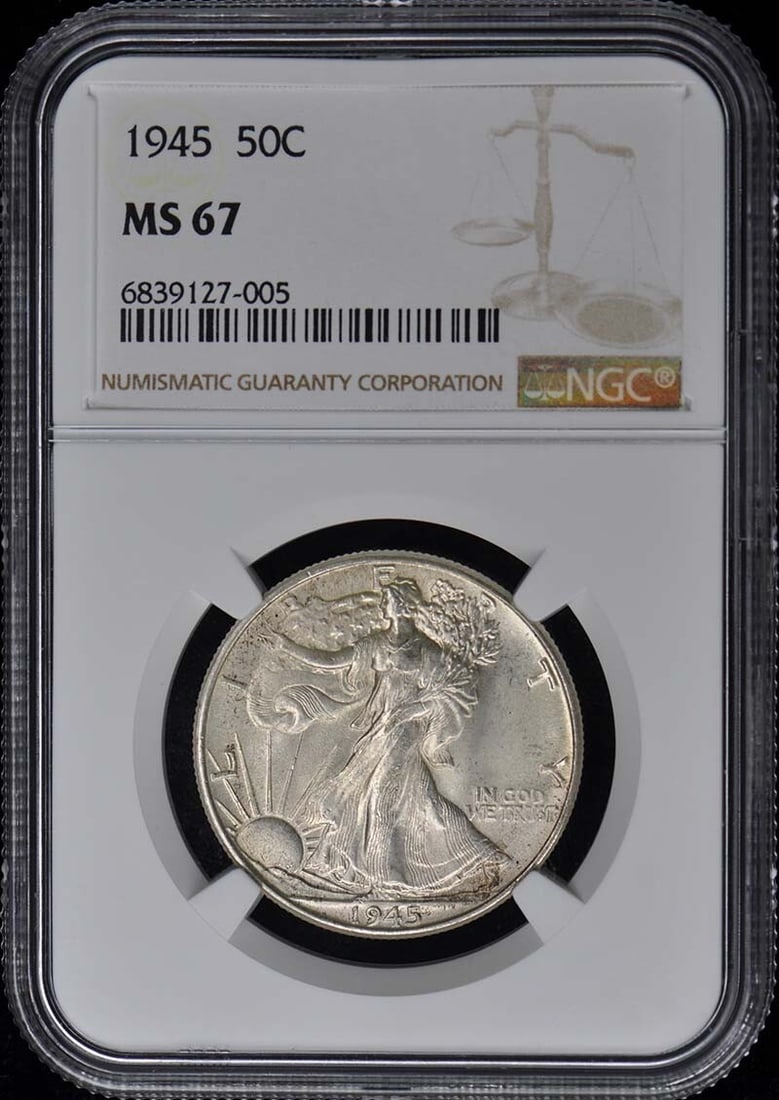 1945 NGC MS67 Walking Liberty Half Dollar Uncirculated Coin: 1945 NGC MS67 Walking Liberty Half Dollar Uncirculated Coin This 1945 Walking Liberty Half Dollar is a certified uncirculated coin graded MS67 by NGC, ensuring its exceptional quality. Minted in Phila