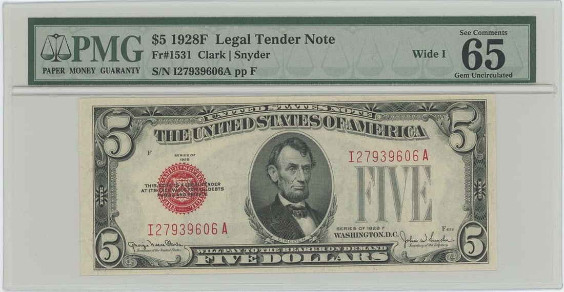 1928F $5 Legal Tender Note PMG 65 Gem Type 1531 (1 of 2)