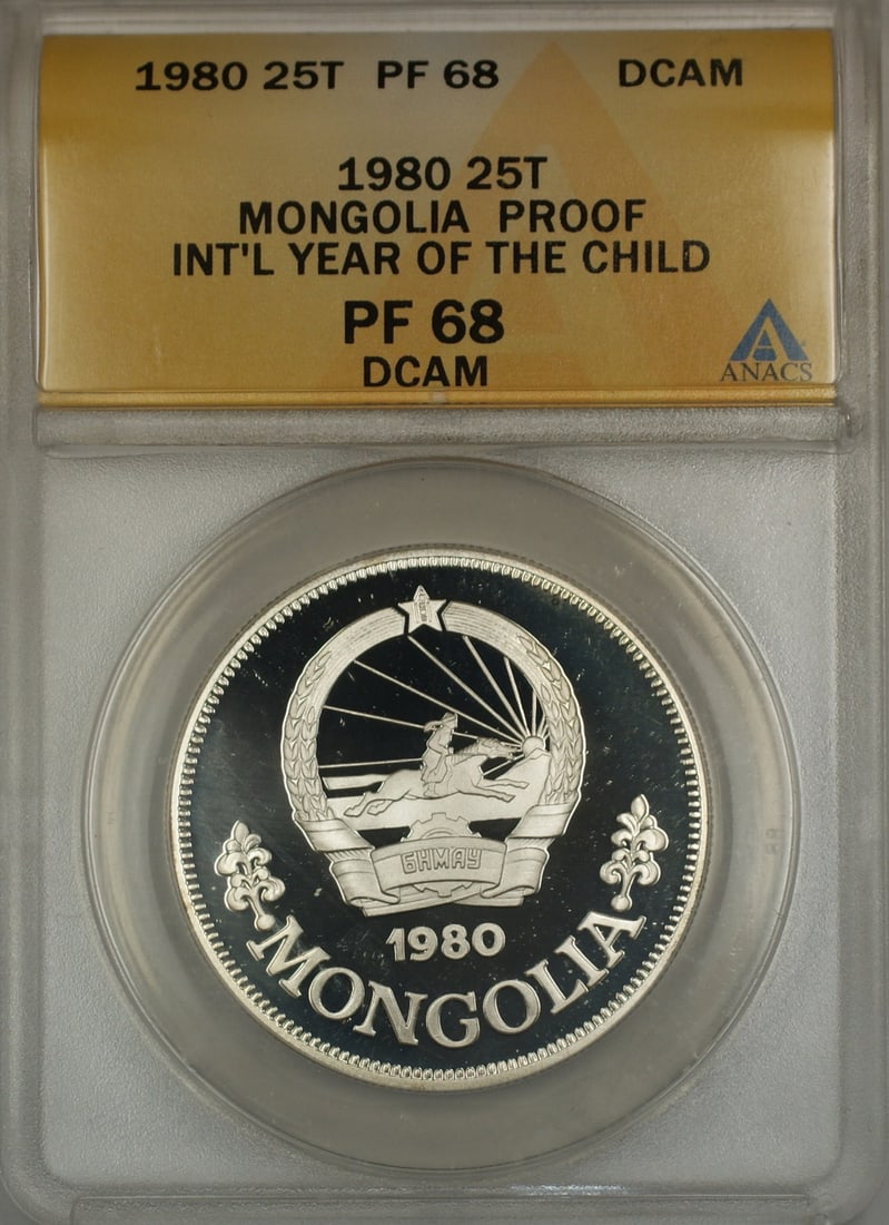 1980 Mongolia 25T Tugrik Silver Coin ANACS PF 68 Year of the Child: 1980 Mongolia 25T Tugrik Silver Coin ANACS PF 68 Year of the Child This 1980 Year of the Child Proof Mongolia 25T Tugrik Silver Coin is a remarkable collectible piece that celebrates a significant the