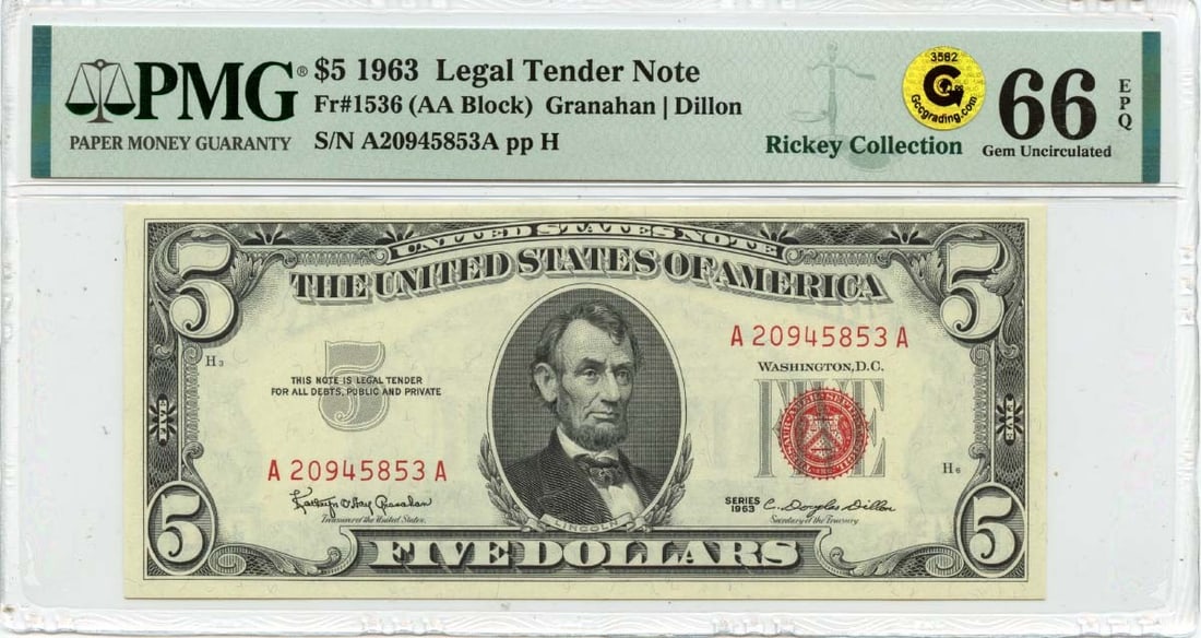 1963 $5 Legal Tender Note Red Dillon Fr# 1536 PMG GEM 66 EPQ (1 of 3)