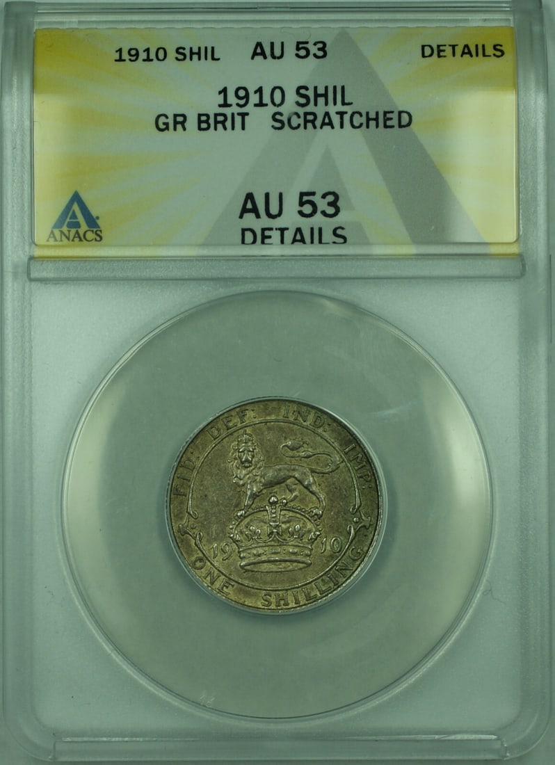 1910 Great Britain 1 Shilling Silver Coin ANACS AU 53 Certified: 1910 Great Britain 1 Shilling Silver Coin ANACS AU 53 Certified This 1910 Great Britain 1 Shilling silver coin is a notable collectible item from the United Kingdom. Certified by ANACS with a grade of