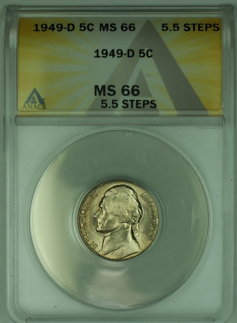 1949-D Jefferson Nickel 5C ANACS MS 66 5.5 Steps Uncirculated: 1949-D Jefferson Nickel 5C ANACS MS 66 5.5 Steps Uncirculated This 1949-D Jefferson Nickel is a remarkable piece of numismatic history. Graded as MS 66 by ANACS, it showcases exceptional quality with