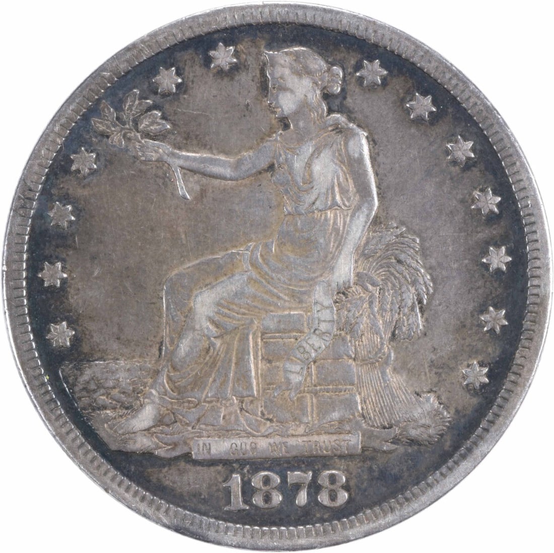 1878-S Trade Silver Dollar 90% Silver William Barber Design: 1878-S Trade Silver Dollar 90% Silver William Barber Design This 1878-S Trade Silver Dollar is a remarkable piece of numismatic history, featuring a striking design by William Barber. The coin is comp