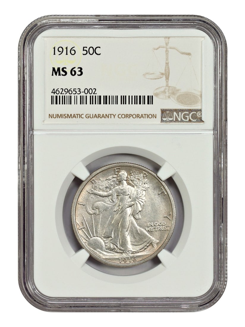 NGC MS63 1916 Walking Liberty 50C Half Dollar First Year Philadelphia Mint: NGC MS63 1916 Walking Liberty 50C Half Dollar First Year Philadelphia Mint This 1916 Walking Liberty Half Dollar is a first year issue graded MS63 by NGC. Struck in Philadelphia, it features crisp det
