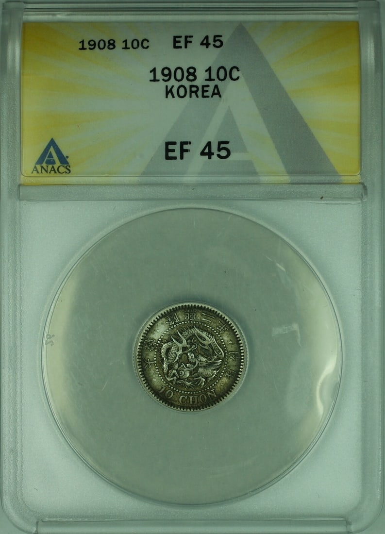 1908 Korea 10 Chon Silver Coin ANACS EF-45 KM 1139: 1908 Korea 10 Chon Silver Coin ANACS EF-45 KM 1139 This 1908 Korea 10 Chon Silver Coin is a notable piece for collectors. Graded EF 45 by ANACS, this coin features a silver composition and is classifi