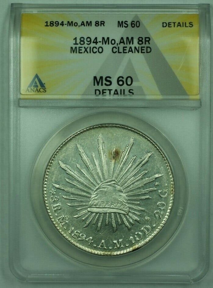 1894 Mo 8 Reales Silver Coin ANACS MS-60 Second Republic: 1894 Mo 8 Reales Silver Coin ANACS MS-60 Second Republic This 1894-Mo 8 Reales coin from Mexico represents a significant piece of numismatic history, certified by ANACS with a grade of MS-60. Issued d