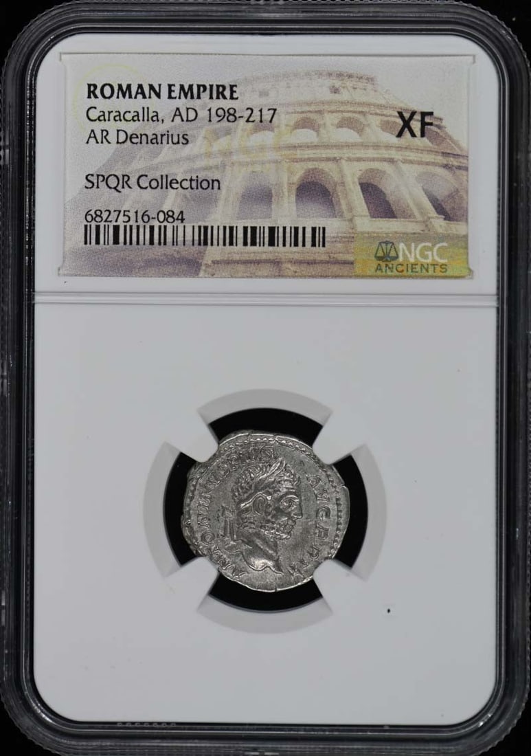 Caracalla AR Denarius Ancient Roman Coin NGC XF40 Certified: Caracalla AR Denarius Ancient Roman Coin NGC XF40 Certified This exquisite Ancient Roman AR Denarius features the portrait of Caracalla, minted during the reign of AD 198-217. Certified by NGC with a