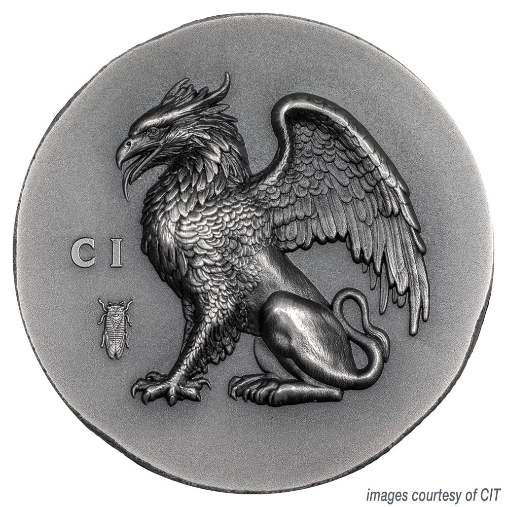 1oz Silver Gryphon Ultra High Relief Coin with Window Box: 1oz Silver Gryphon Ultra High Relief Coin with Window Box This stunning 1oz Silver Gryphon Ultra High Relief coin showcases a captivating hybrid creature from Greek mythology, known for being the guar