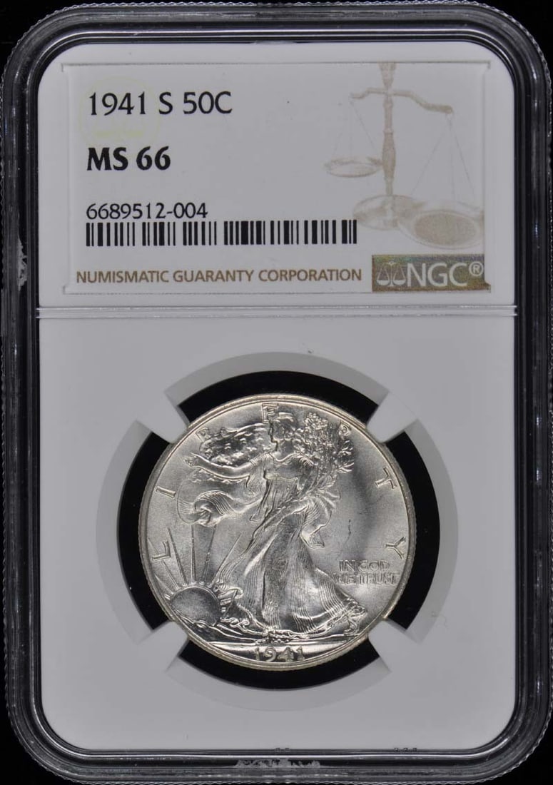 1941-S Walking Liberty Half Dollar NGC MS66 Uncirculated Coin: 1941-S Walking Liberty Half Dollar NGC MS66 Uncirculated Coin This 1941-S Walking Liberty Half Dollar is a stunning example of American coinage, graded MS66 by NGC. It is an uncirculated coin originat