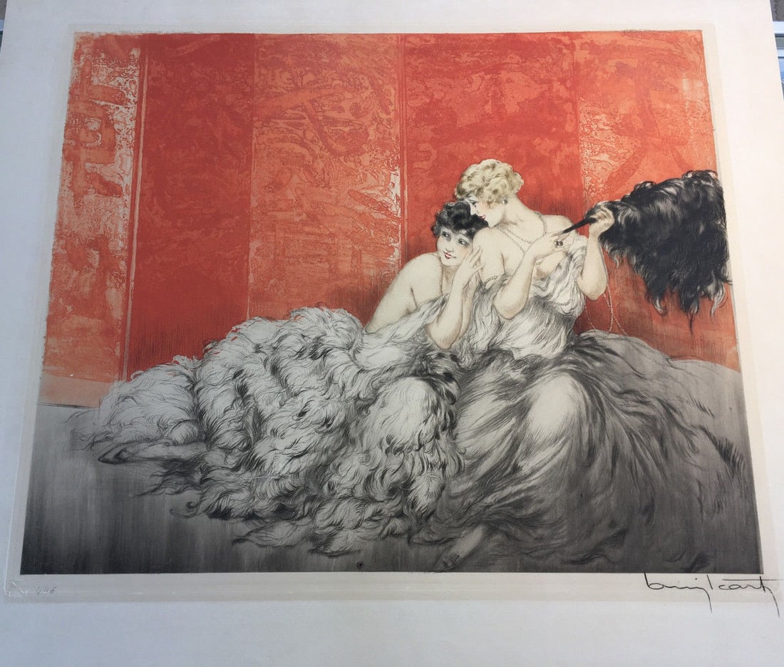 1928 Louis Icart Mockery Art Deco Etching Aquatint Hand Colored: 1928 Louis Icart Mockery Art Deco Etching Aquatint Hand Colored This exquisite etching titled "Mockery" by renowned French artist Louis Icart showcases the elegance of the Art Deco movement. Created c