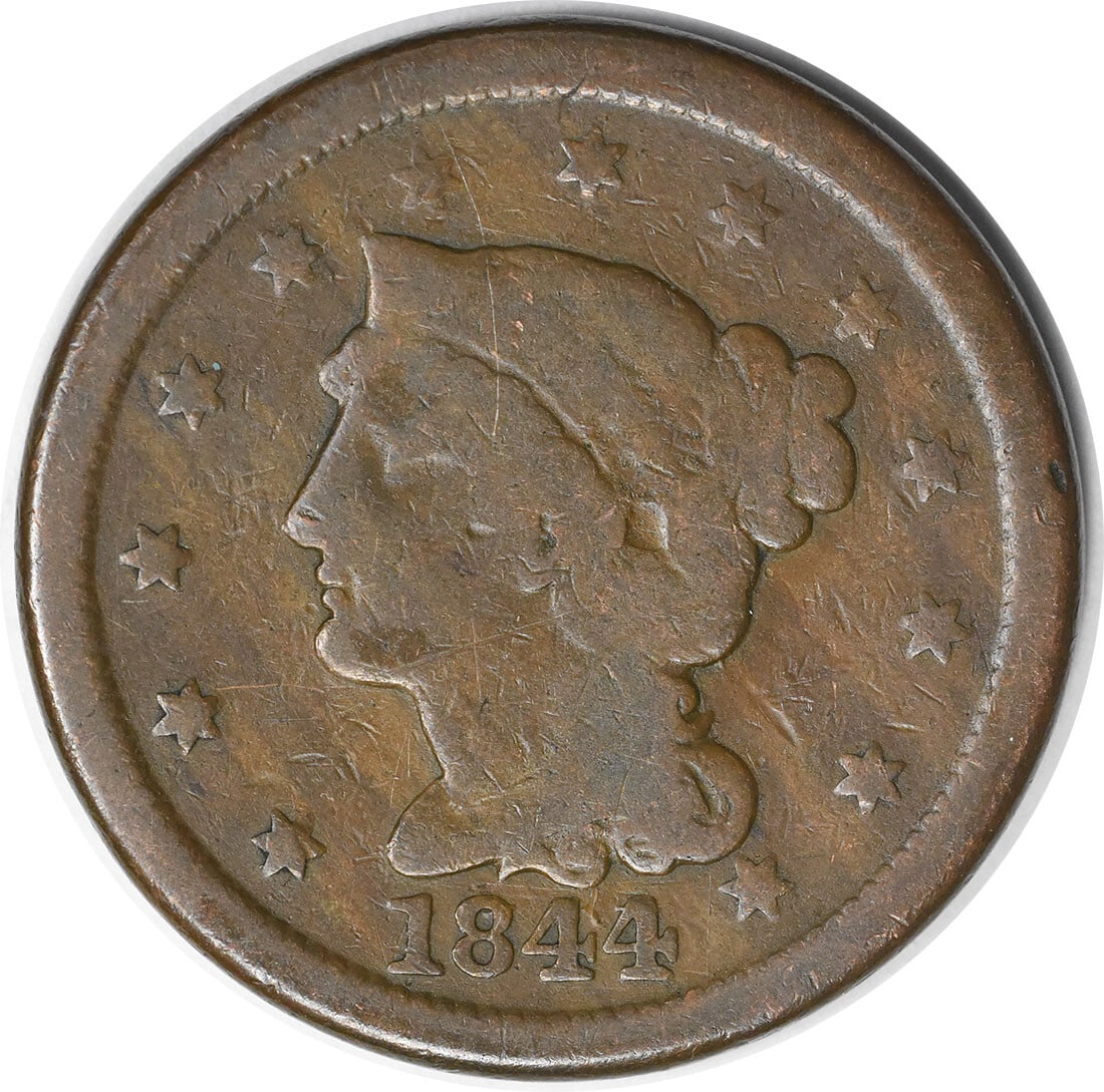1844 Large Cent Braided Hair Copper Coin VG Uncertified Philadelphia: 1844 Large Cent Braided Hair Copper Coin VG Uncertified Philadelphia This 1844 Large Cent, classified as VG (Very Good), is a remarkable piece from the Philadelphia mint. Featuring the Braided Hair de