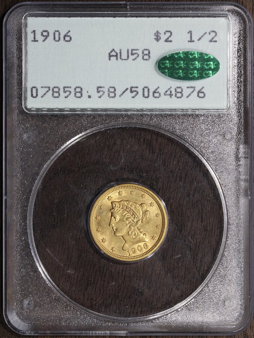 1906 Liberty Head Gold Quarter Eagle AU58 CAC PCGS Rattler: 1906 Liberty Head Gold Quarter Eagle AU58 CAC PCGS Rattler This 1906 Liberty Head Gold Quarter Eagle features a denomination of $2.50 and is composed of gold with a fineness of 0.9. It is graded AU 58