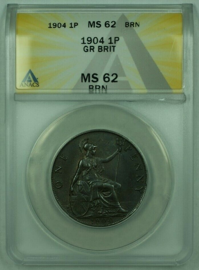 1904 Great Britain 1 Penny Copper ANACS MS62 Brown Coin: 1904 Great Britain 1 Penny Copper ANACS MS62 Brown Coin This 1904 Great Britain 1 Penny is a remarkable piece of numismatic history, crafted from copper and certified by ANACS with a grade of MS-62. T