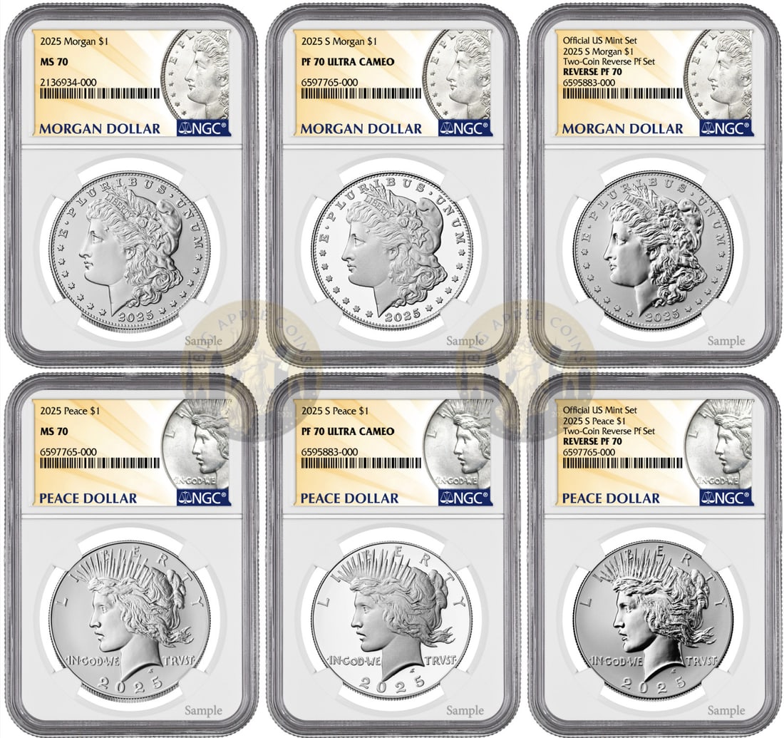 2025 NGC Certified 6-Coin Set Morgan Peace Silver Dollars: 2025 NGC Certified 6-Coin Set Morgan Peace Silver Dollars This exquisite 2025 Six-Coin Set features the iconic Morgan and Peace Silver Dollars, each struck in high-quality proof finish. Made from 0.99