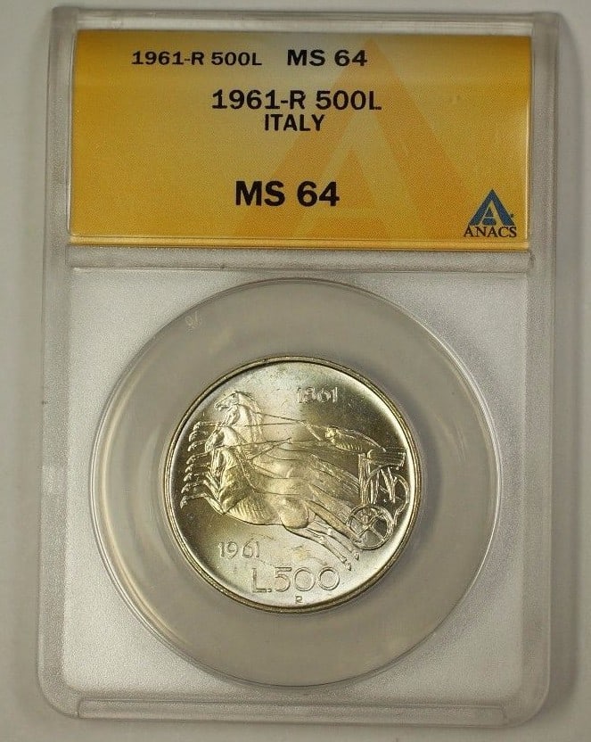 1961-R Italy Silver 500 Lire Coin ANACS MS-64 Uncirculated: 1961-R Italy Silver 500 Lire Coin ANACS MS-64 Uncirculated This 1961-R Italy Silver 500 Lire Coin is a stunning piece of numismatic history. Crafted from high-quality silver, this coin is rated as MS