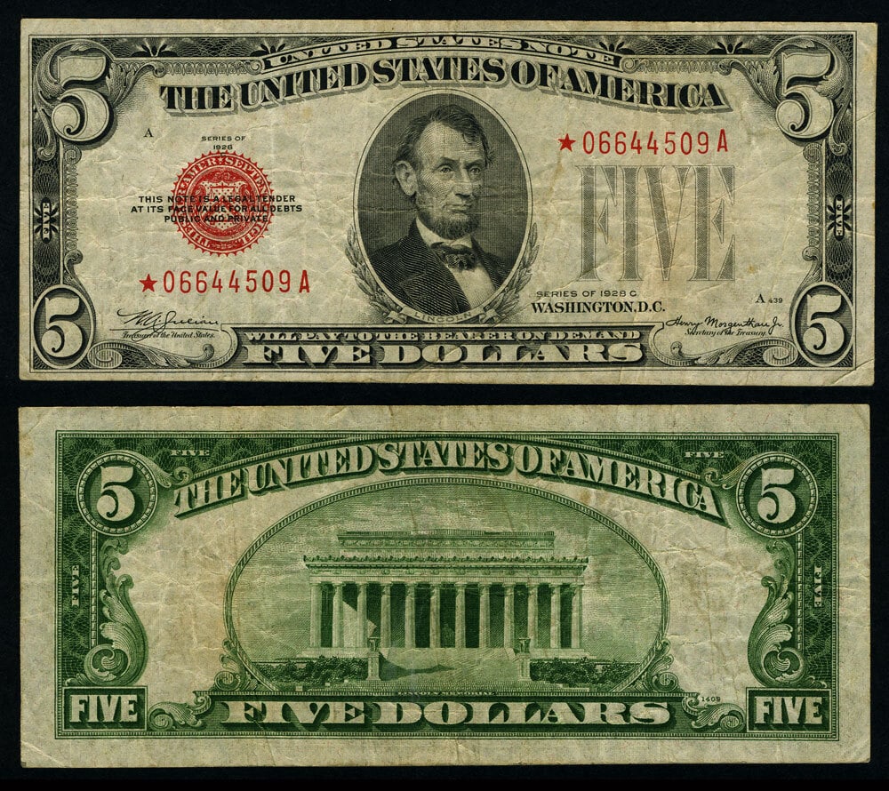 $5 1928-C Legal Tender Note FR 1528 Non-Mule Very Fine (1 of 1)