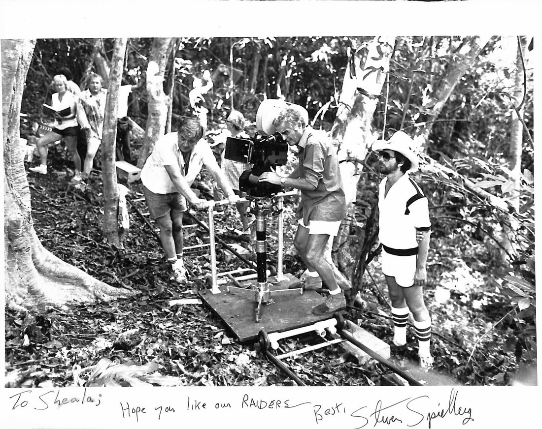 Steven Spielberg Signed 8x10 Indiana Jones Photo with Inscription Beckett LOA: Steven Spielberg Signed 8x10 Indiana Jones Photo with Inscription Beckett LOA This is a vintage 8x10 photograph of Steven Spielberg, signed in black permanent marker. The photo features Spielberg's in