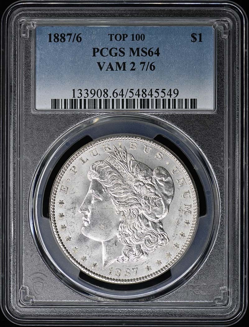 1887/6 $1 Morgan Dollar VAM 2 PCGS MS64 Uncirculated: 1887/6 $1 Morgan Dollar VAM 2 PCGS MS64 Uncirculated This 1887/6 $1 Overdate Morgan Dollar is a remarkable piece certified by PCGS with a grade of MS64, indicating its uncirculated condition. Minted i