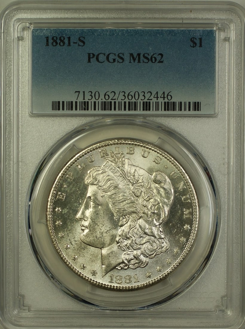 1881-S Morgan Silver Dollar PCGS MS62 Uncirculated Silver Coin: 1881-S Morgan Silver Dollar PCGS MS62 Uncirculated Silver Coin This stunning 1881-S Morgan Silver Dollar is a remarkable specimen, featuring a grade of MS 62 from PCGS, indicating its uncirculated sta