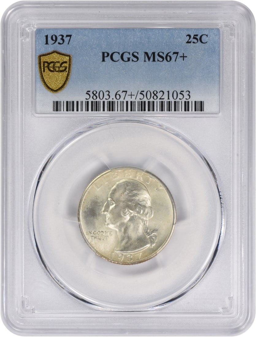 1937 Washington Silver Quarter MS67 PCGS Uncirculated 90% Silver: 1937 Washington Silver Quarter MS67 PCGS Uncirculated 90% Silver This 1937 Washington Silver Quarter is a remarkable piece, graded MS67 by PCGS, indicating its exceptional uncirculated condition. Stru