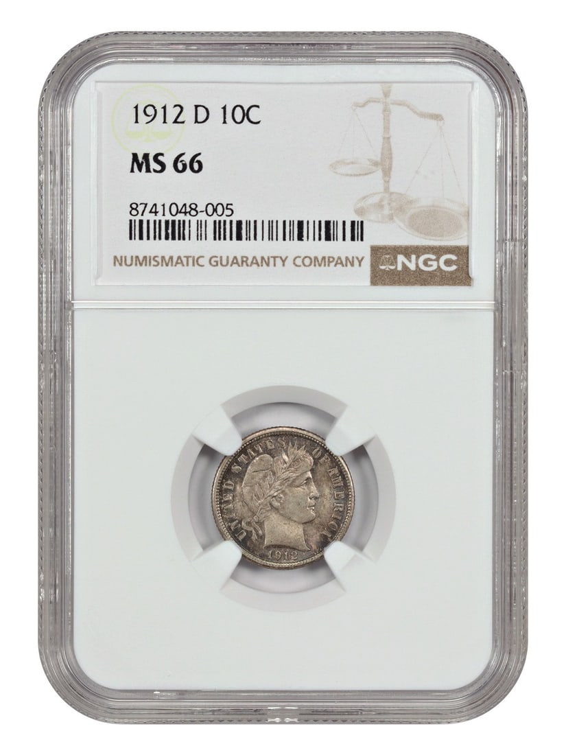 1912 Denver Mint Barber Dime 10C Graded MS66 by NGC: 1912 Denver Mint Barber Dime 10C Graded MS66 by NGC This 1912-D Barber Dime is certified by NGC with a grade of MS66. The coin features deep multicolor tints on both frosty, sharply struck sides, maki