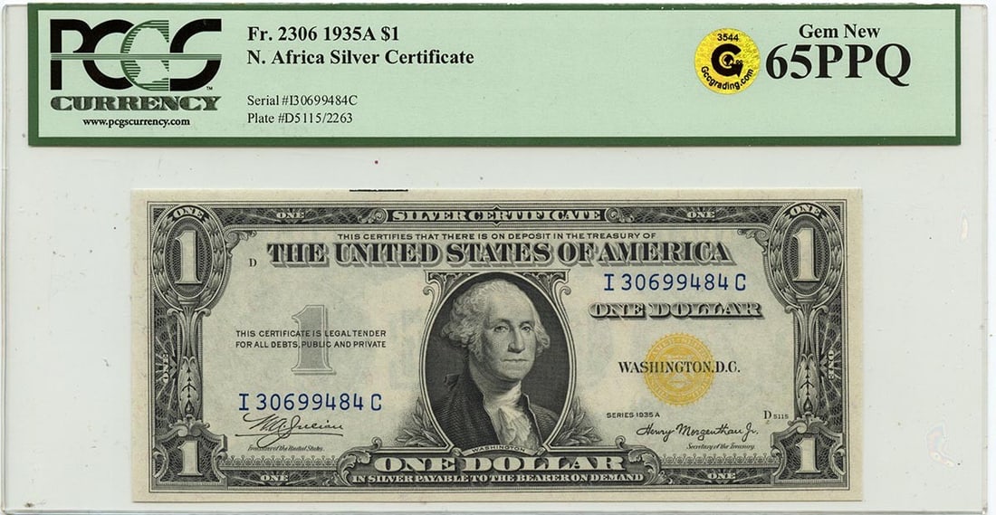 1935A $1 North Africa Silver Certificate FR#2306 PCGS MS65 PPQ: 1935A $1 North Africa Silver Certificate FR#2306 PCGS MS65 PPQ This 1935A $1 North Africa Silver Certificate is a remarkable piece of currency history. Graded MS65 by PCGS, this uncirculated note show
