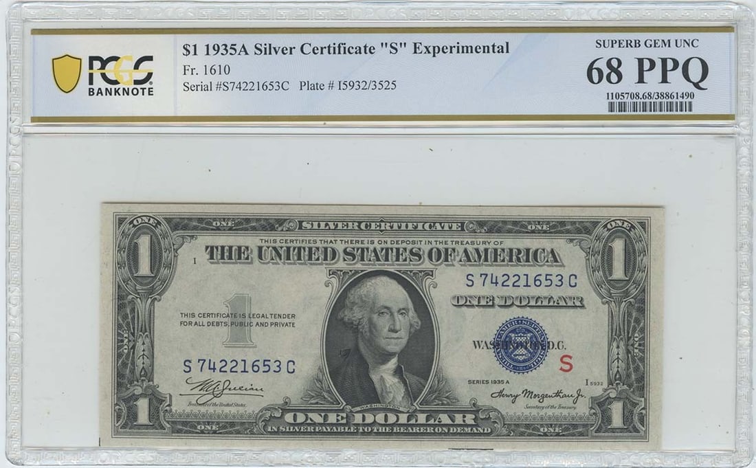 1935A $1 Experimental Silver Certificate FR1610 PCGS Superb Gem 68 PPQ: 1935A $1 Experimental Silver Certificate FR1610 PCGS Superb Gem 68 PPQ This 1935A $1 Experimental Silver Certificate (Type 1610) is certified by PCGS with a grade of Superb Gem 68 PPQ. It is uncircula
