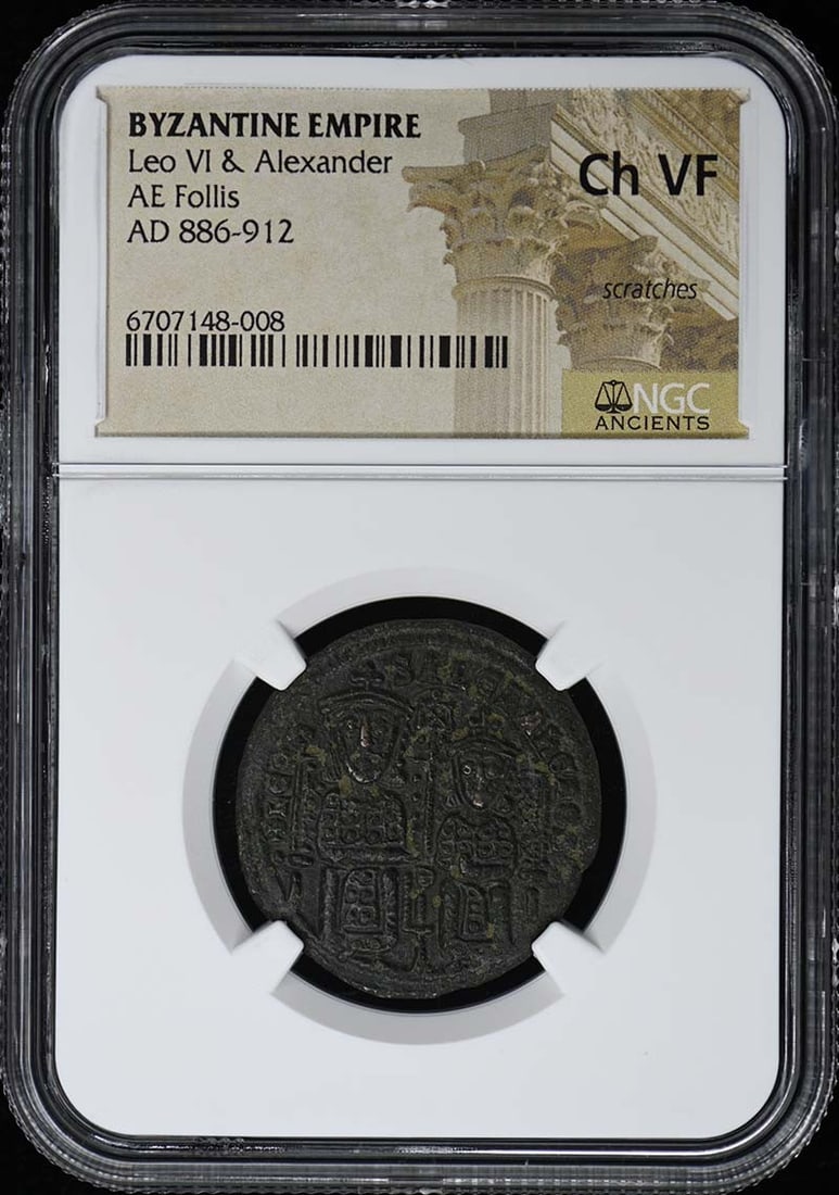 Leo VI Alexander Byzantine Empire AE Follis NGC Certified VF30: Leo VI Alexander Byzantine Empire AE Follis NGC Certified VF30 This is a Byzantine Empire AE Follis featuring the emperors Leo VI and Alexander. Certified by NGC with a certification number of 6707148