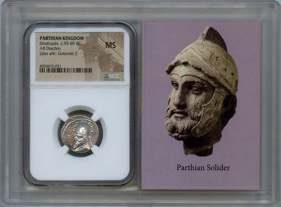 Sinatruces Parthian AR Drachm c.93-69 BC NGC MS60: Sinatruces Parthian AR Drachm c.93-69 BC NGC MS60 This is a Parthian silver drachm from the reign of Sinatruces, dated circa 93-69 BC. Certified by NGC with a grade of MS60, this coin showcases excell