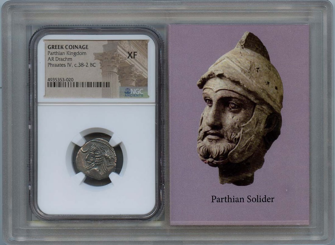Parthian Kingdom Phaates 38-2 BC Silver Drachm NGC XF40: Parthian Kingdom Phaates 38-2 BC Silver Drachm NGC XF40 This ancient Greek AR Drachm from the Parthian Kingdom features the reign of Phaates, dated circa 38-2 BC. The coin is certified by NGC with a g