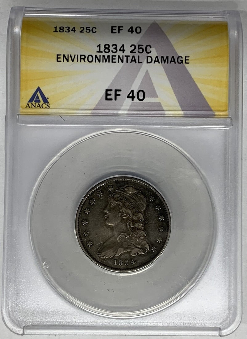 1834 Capped Bust Quarter 25C Coin ANACS XF 40 Circulated: 1834 Capped Bust Quarter 25C Coin ANACS XF 40 Circulated This 1834 Capped Bust Quarter is a notable piece of American numismatics, showcasing a rich history and craftsmanship. Certified by ANACS with
