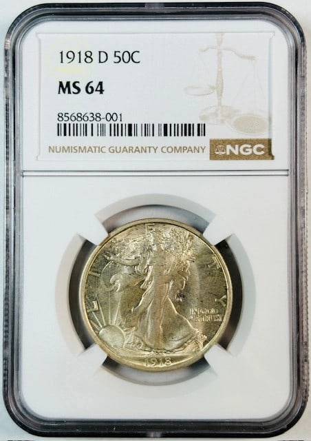 1918 D Walking Liberty Half Dollar NGC MS64 Uncirculated Silver Coin: 1918 D Walking Liberty Half Dollar NGC MS64 Uncirculated Silver Coin This 1918 D Walking Liberty Half Dollar is an exquisite addition to any collection. Graded MS 64 by NGC, this coin is in uncirculat