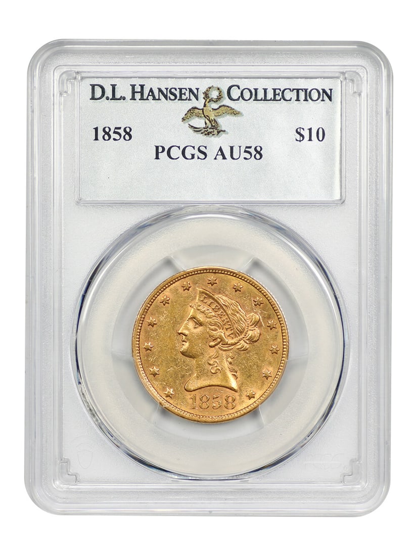 1858 $10 Liberty Head Gold Coin PCGS AU58 Rare 2521 Minted: 1858 $10 Liberty Head Gold Coin PCGS AU58 Rare 2521 Minted This 1858 $10 Liberty Head gold coin is graded AU58 by PCGS and features a striking medium-gold surface with a satiny texture and subtle proo