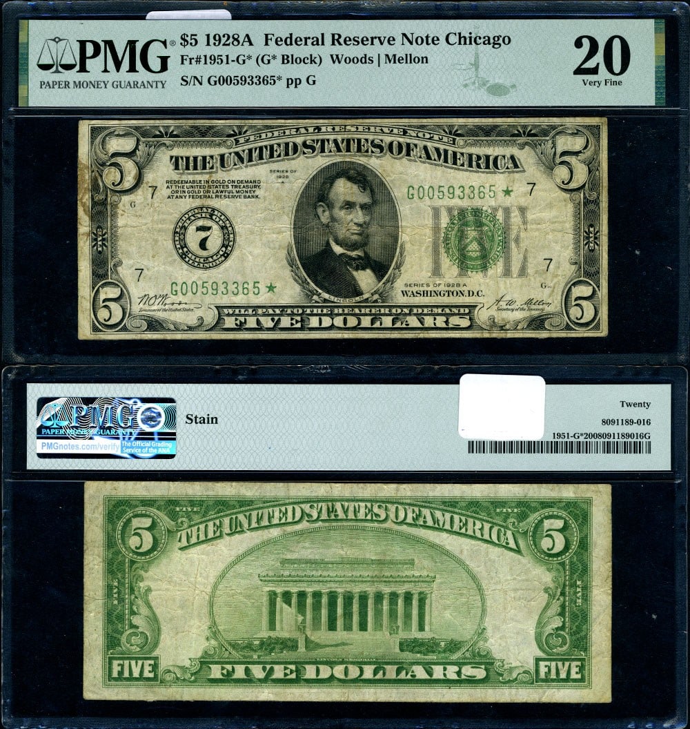1928-A $5 Federal Reserve Note Chicago G-* Block PMG VF20 Star (1 of 3)