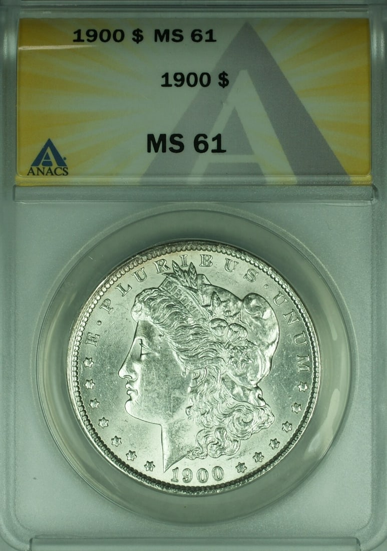 1900 Morgan Silver Dollar ANACS MS 61 Uncirculated Coin: 1900 Morgan Silver Dollar ANACS MS 61 Uncirculated Coin This 1900 Morgan Silver Dollar is a stunning uncirculated coin certified by ANACS with a grade of MS-61. Minted in Philadelphia, this coin featu