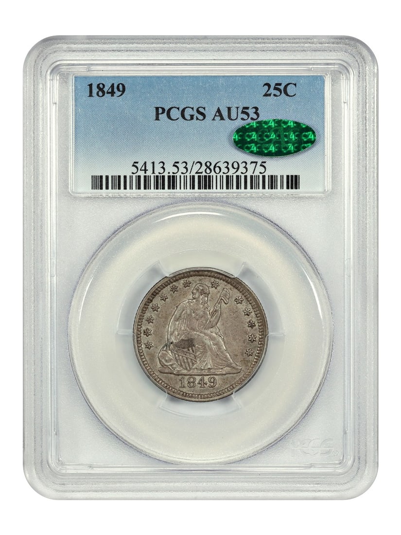 1849 Liberty Seated Quarter PCGS CAC AU53 Certified 25C Philadelphia: 1849 Liberty Seated Quarter PCGS CAC AU53 Certified 25C Philadelphia This 1849 Liberty Seated Quarter is graded AU53 by PCGS and verified by CAC. Struck at the Philadelphia Mint, it is a circulated co
