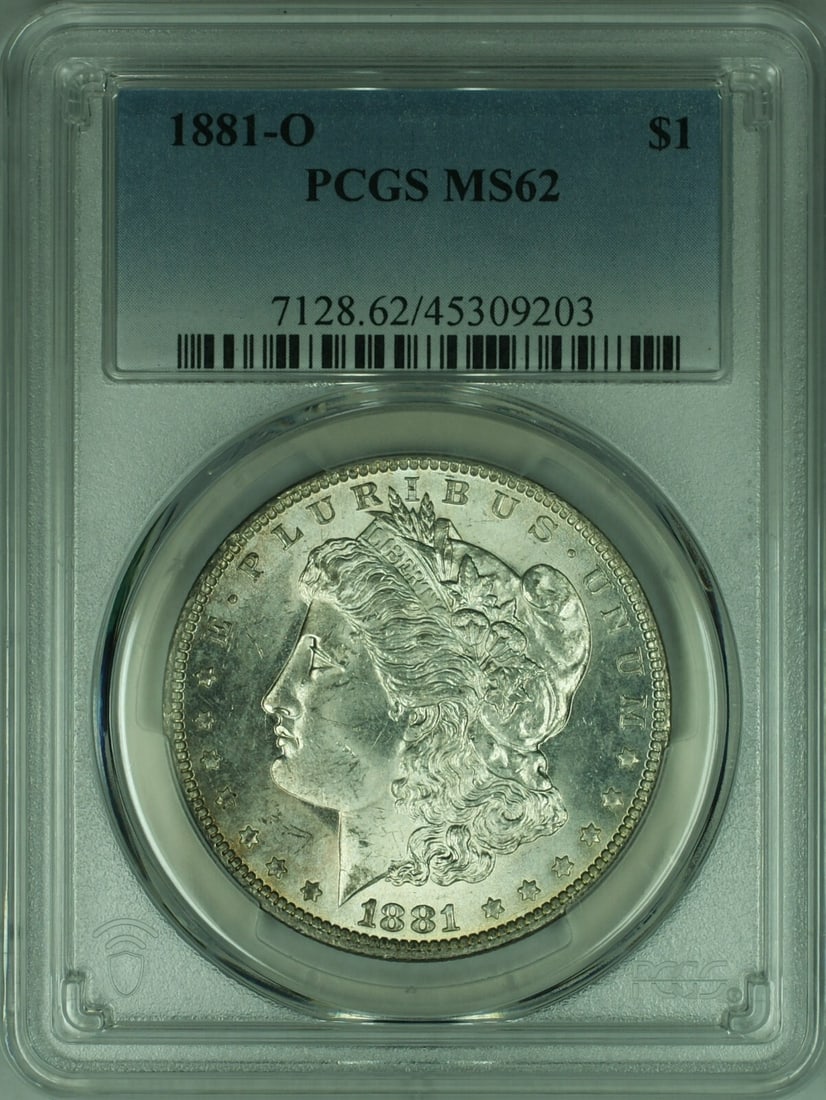 1881-O Morgan Silver Dollar Coin PCGS MS62 Uncirculated: 1881-O Morgan Silver Dollar Coin PCGS MS62 Uncirculated This 1881-O Morgan Silver Dollar Coin is in uncirculated condition, certified by PCGS with a grade of MS 62. Minted in New Orleans, this coin is