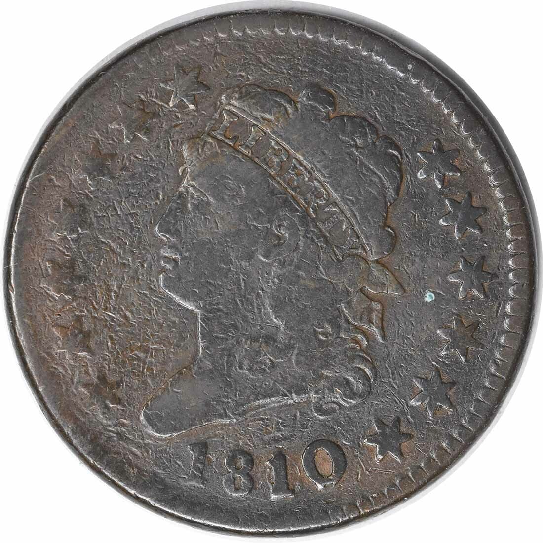 1810 Large Cent Copper Classic Head Coin by John Reich: 1810 Large Cent Copper Classic Head Coin by John Reich This 1810 Large Cent features a classic head design by renowned engraver John Reich. It is circulated and graded as Fine (F), showcasing the hist