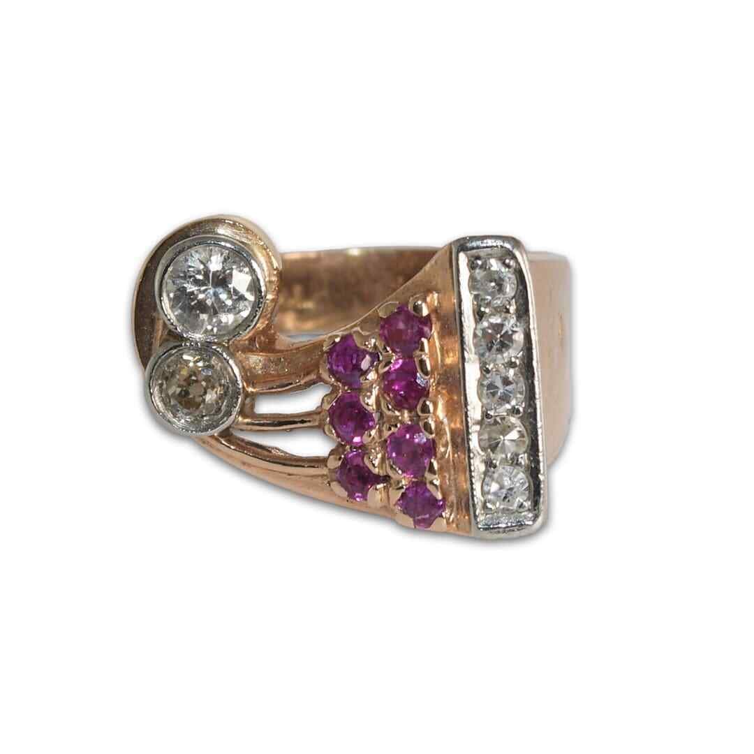 14K Rose Gold Retro Cluster Ruby Diamond Ring 0.55ct 1940s (1 of 7)