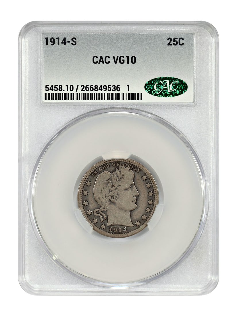 Barber Quarter 1914 San Francisco 25C CACG VG10 Key Date Coin: Barber Quarter 1914 San Francisco 25C CACG VG10 Key Date Coin This 1914-S Barber Quarter is a circulated coin from the San Francisco Mint, graded VG10 by CACG. Recognized as a scarce and highly sought