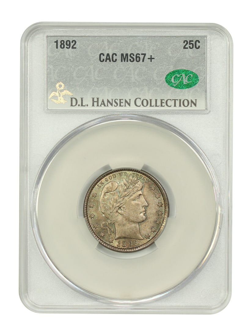 1892 Barber Quarter CACG MS67+ D.L. Hansen Collection: 1892 Barber Quarter CACG MS67+ D.L. Hansen Collection This 1892 Barber Quarter, certified by CACG as MS67+, showcases exceptional mint luster on its original surfaces. The coin features rich tones of