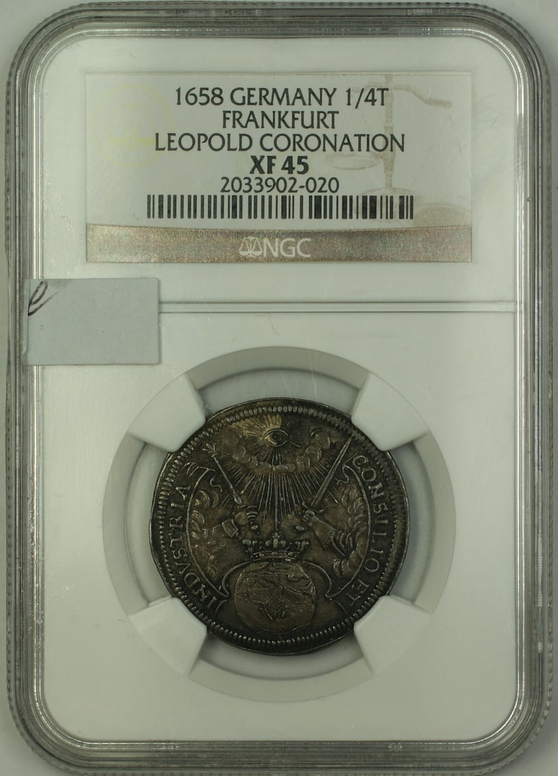 1658 Germany Frankfurt 1/4 Thaler Coin Leopold NGC XF 45 Silver: 1658 Germany Frankfurt 1/4 Thaler Coin Leopold NGC XF 45 Silver This historical 1/4 Thaler coin from Germany, minted in Frankfurt in 1658, features a striking design commemorating the coronation of Le