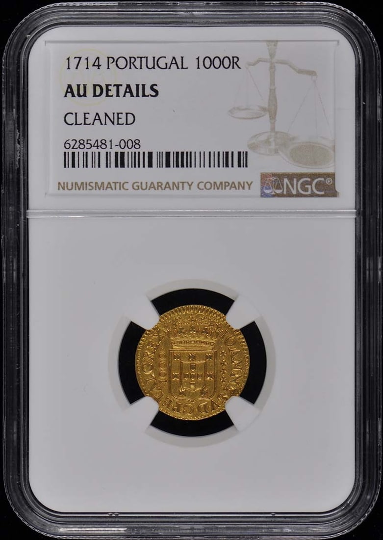 1714 Portugal 1000 Reis Coin NGC AU Details Uncirculated: 1714 Portugal 1000 Reis Coin NGC AU Details Uncirculated This listing features a 1714 Portugal 1000 Reis coin, certified by NGC with the grade of AU Details. The coin is in uncirculated condition, mak