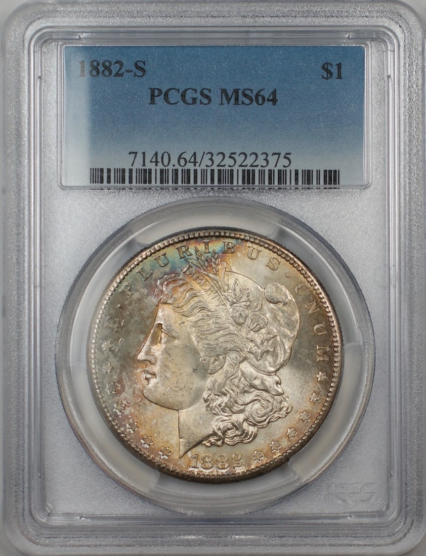 1882-S Morgan Silver Dollar PCGS MS-64 Uncirculated with Bag Toning: 1882-S Morgan Silver Dollar PCGS MS-64 Uncirculated with Bag Toning This 1882-S Morgan Silver Dollar is a remarkable collectible, certified by PCGS with a grade of MS-64. Minted in San Francisco, this